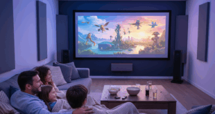 une famille assise sur le canapé profitant d'une éxpérience home cinéma