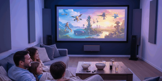 une famille assise sur le canapé profitant d'une éxpérience home cinéma