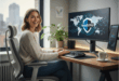 une femme très heureuse devant son PC avec le logo de NordVPN