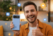 une personne avec un grand sourire avec un Google Pixel 10