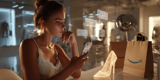 une femme utilise l'IA help Me Decide d'Amazon.