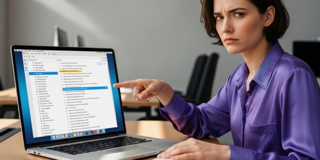 Une femme qui pointe de doigt son ordi