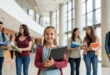 Une jeune enfant souriante avec des classeurs à la main se tient dans le hall d’un campus universitaire contemporain, entourée d’étudiants en arrière-plan.