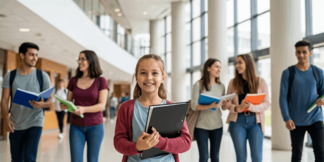 Une jeune enfant souriante avec des classeurs à la main se tient dans le hall d’un campus universitaire contemporain, entourée d’étudiants en arrière-plan.