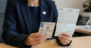 Les mains d'une agente tenant un permis de conduire et un certificat d'immatriculation