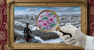 Un tableau de Napoléon et son armée. Une loupe qui montre des bactéries