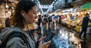 Une femme tenant un smartphone pour utiliser Google Trad Audio