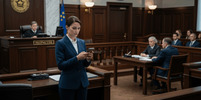 une femme regardant son téléphone dans un tribunal