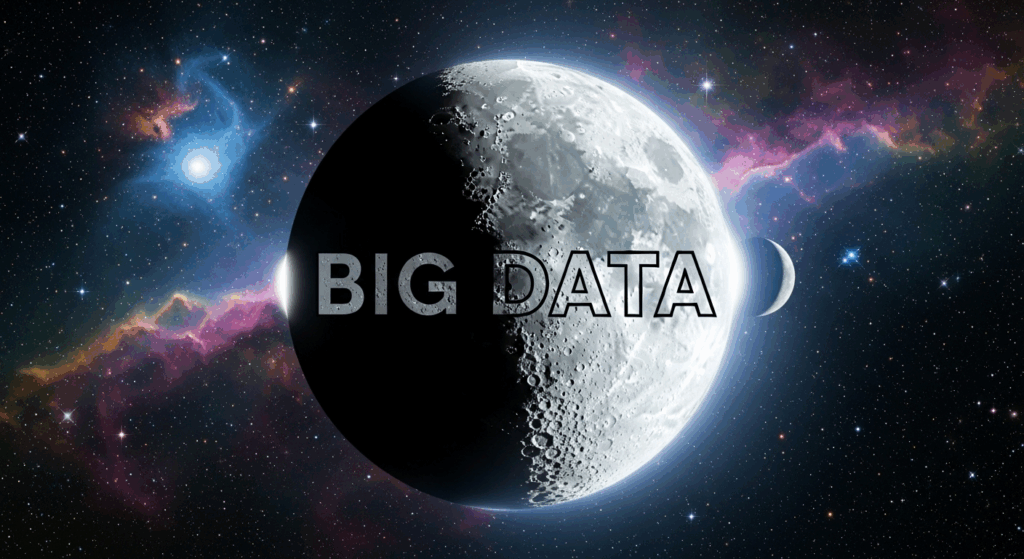 La lune, avec sa face cachée mise en évidence. La face cachée est marquée des termes BIG DATA