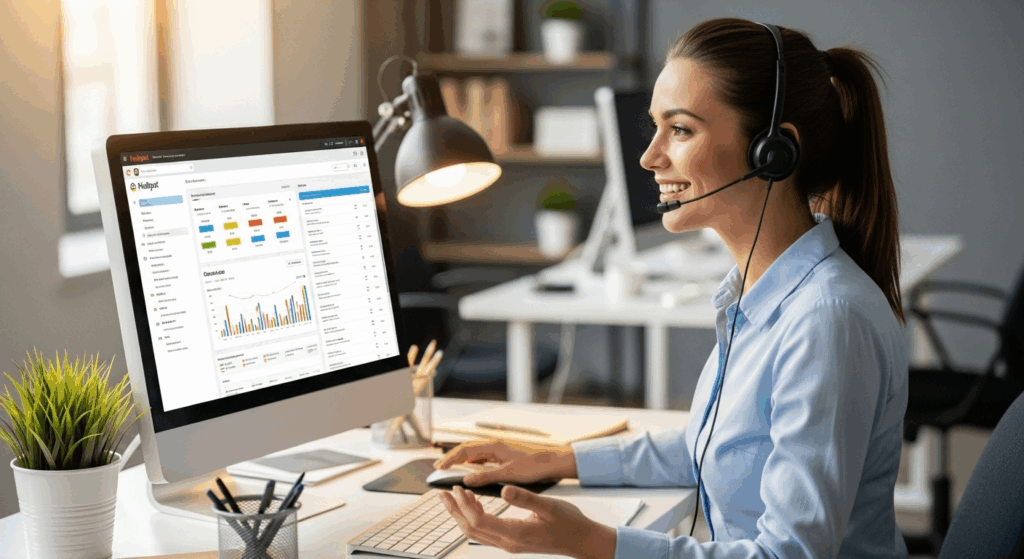 Conseiller client souriant avec casque audio, utilisant un tableau de bord CRM HubSpot, illustrant la relation client humaine et connectée.