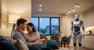 Couple partageant un moment d'intimité, accompagné d'un robot symbolisant l'intégration croissante de l'intelligence artificielle dans les relations humaines et la sphère privée.