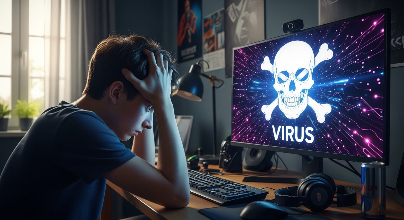 Un adolescent, les mains sur la tête aprés avoir telecharge un virus