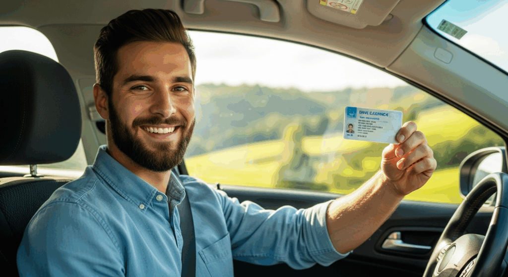 Un jeune homme souriant avec une barbe, assis dans une voiture, tenant fièrement son permis de conduire à travers la fenêtre ouverte. L'arrière-plan est un paysage vert flou