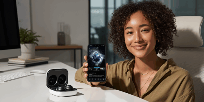 Une femme tient un Samsung Galaxy Z Fold 7 déplié avec les Galaxy Buds 3 dans leur étui à côté