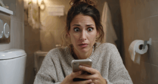 Une femme utilise son smartphone aux toilettes.