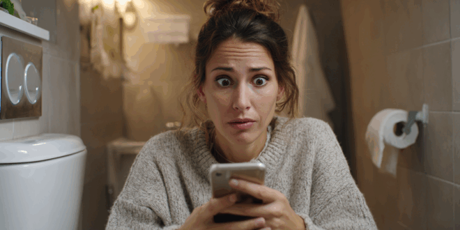 Une femme utilise son smartphone aux toilettes.
