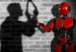 un robot pointant du doigt un ombre d'homme suicidaire