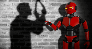 un robot pointant du doigt un ombre d'homme suicidaire