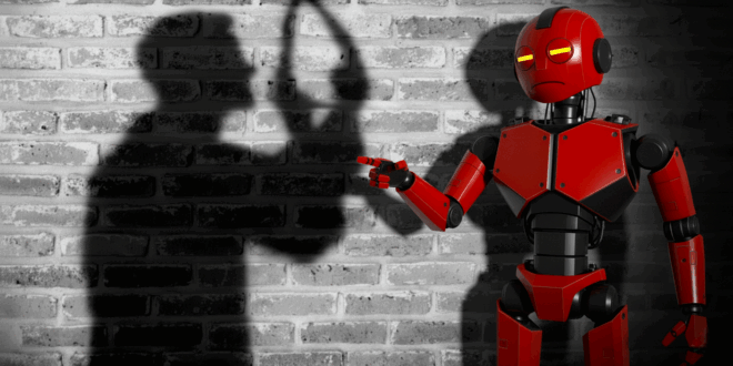 un robot pointant du doigt un ombre d'homme suicidaire