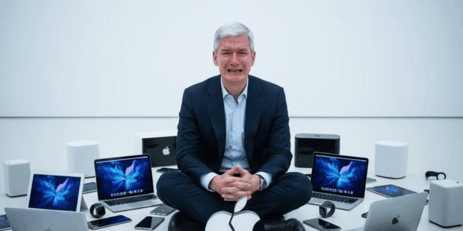 tim cook en train de pleurer autour de différents produits Apple