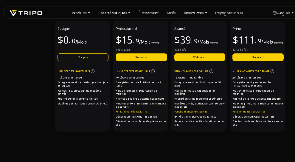 Tripo AI - les prix