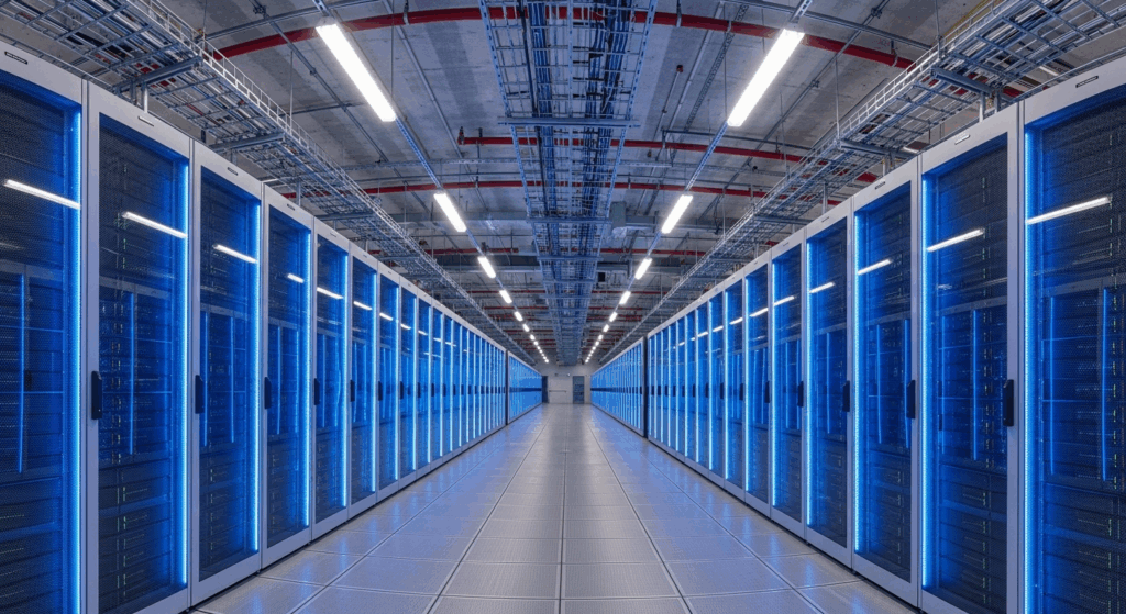 un grand centre de données avec des rangées de serveurs