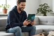 Un homme content sur son canapé avec un Galaxy Z Fold6