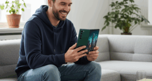 Un homme content sur son canapé avec un Galaxy Z Fold6