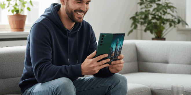 Un homme content sur son canapé avec un Galaxy Z Fold6