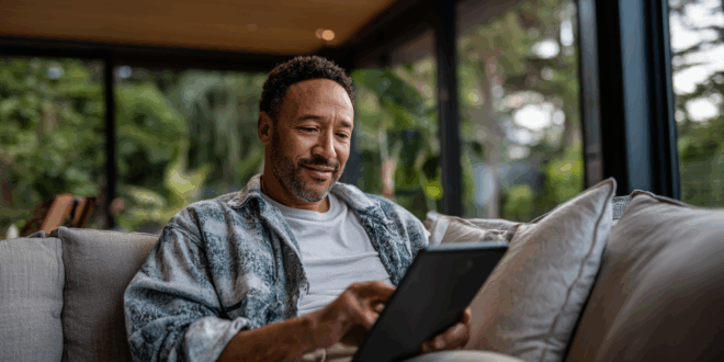 Un homme qui surf avec une OnePlus Pad Lite sur son canapé