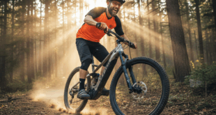 Un homme très content pédalant un VTT électrique