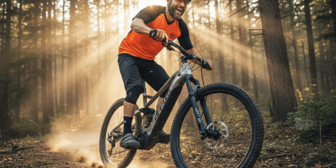 Un homme très content pédalant un VTT électrique