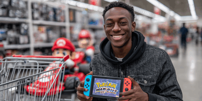 Une personne, l'air ravi, tenant une Nintendo Switch 2 avec les logos Pokémon ZA et Mario Kart