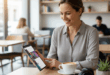 une personne souriante, assise confortablement dans un café moderne et lumineux, avec le OnePlus Pad 3 posé sur la table devant elle