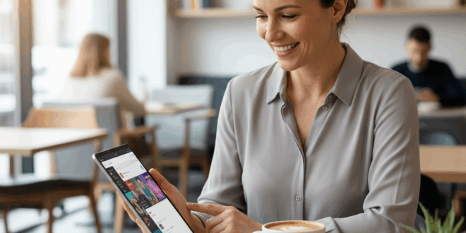 une personne souriante, assise confortablement dans un café moderne et lumineux, avec le OnePlus Pad 3 posé sur la table devant elle