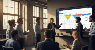 Réunion entre ingénieurs et commerciaux dans un environnement industriel moderne, discutant d’un tableau de bord HubSpot CRM affiché sur un grand écran.