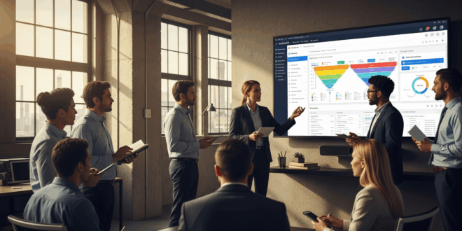 Réunion entre ingénieurs et commerciaux dans un environnement industriel moderne, discutant d’un tableau de bord HubSpot CRM affiché sur un grand écran.