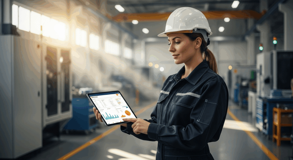 Femme ingénieure en tenue de sécurité consultant un tableau de bord HubSpot CRM sur tablette dans une usine moderne et lumineuse.