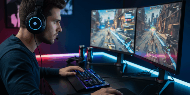 Gamer concentré devant un setup ultra-réactif, casque premium, éclairage LED discret, ambiance immersive et réalisme élevé.