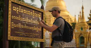 U homme qui utilise Google Trad Image sur une plaque touristique en langue Myanmar