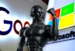 robot musclé et fier devant le logo de Microsoft et Google