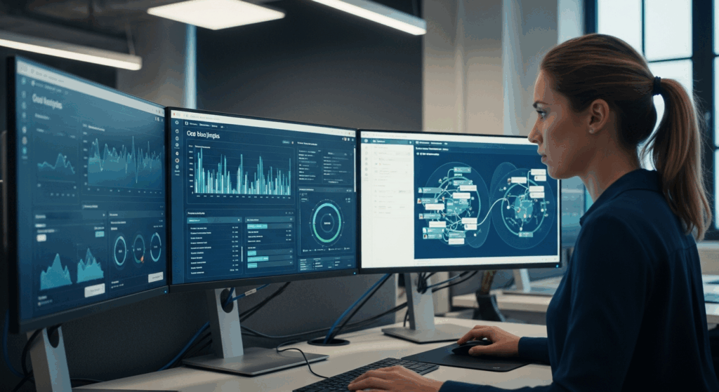 Marketeuse analysant des données HubSpot marketing automation sur plusieurs écrans avec des graphiques et e-mails automatisés en temps réel.
