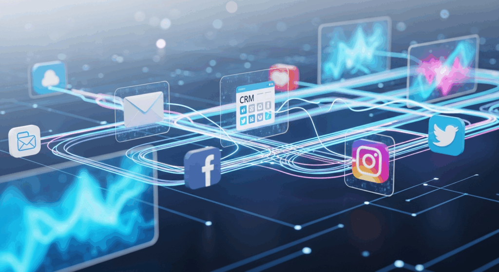 Flux lumineux représentant l’automatisation marketing HubSpot reliant e-mails, CRM et réseaux sociaux dans un univers digital fluide.