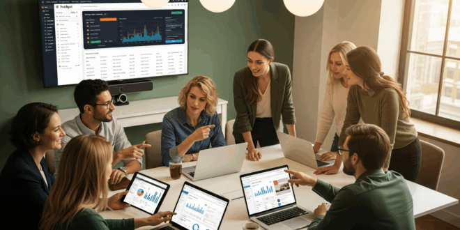 Équipe marketing et commerciale réunie autour d’un écran HubSpot discutant stratégie d’automatisation marketing.