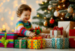enfant jouant avec des cadeaux de Noël sous un sapin