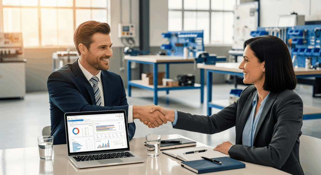 Commercial et client industriel se serrant la main dans un atelier moderne, avec un ordinateur portable affichant un tableau de bord CRM HubSpot.