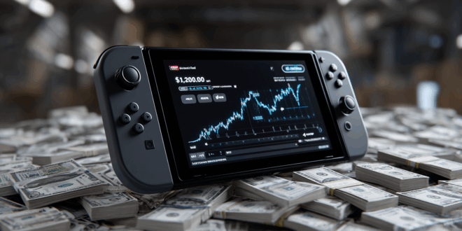 Une console Nintendo Switch 2 affichant un graphe de profit, reposant sur une montagne de dollars