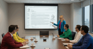 Personnel dans une salle de réu, page Wikipédia sur l'écran