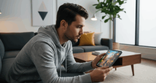 un homme penché sur sa nouvelle tablette Lenovo Legion Tab