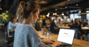 Une femme navigue sur Google via un WiFi public